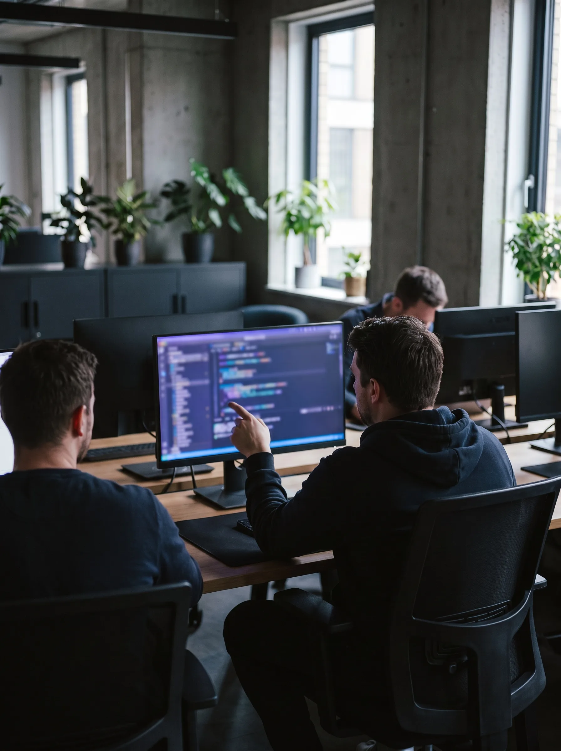 Colleagues at desks in an office, one pointing at code on a monitor
