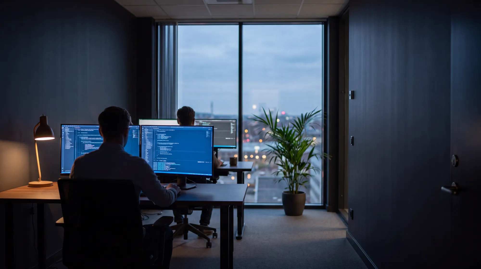 Two people working at desks with monitors showing code in an office at dusk